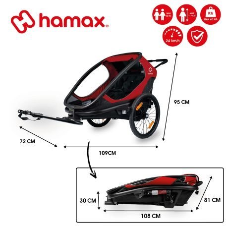 Remorque vélo charge 100 kg Hamax Outback pour 2 Enfants - rouge / noir